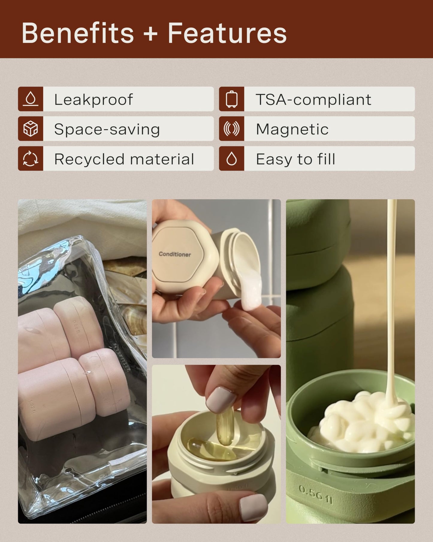 Cadence Travel Containers - Daily Routine Capsule Set - Magnetic Travel Capsules - For Shampoo, Conditioner, Body Wash, Pills, and More - 4 Flex Mediums (1.32oz) & 3 Flex Smalls (0.56oz) - Pacific