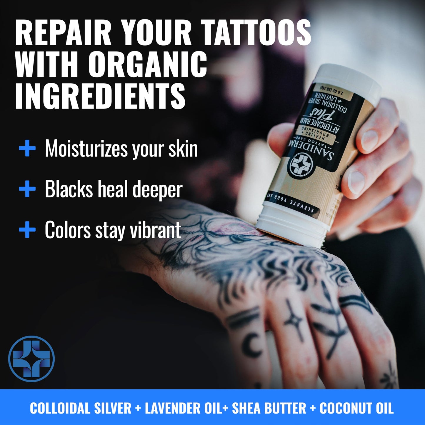 Saniderm Tattoo Aftercare Balm PLUS+ - Large (2.0 oz) – Petroleum Free, Organic Tattoo Moisturizer Infused with Colloidal Silver, Lavender Oil, and Other Natural Ingredients