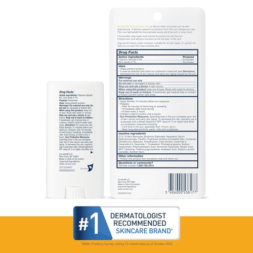 CeraVe Mineral Sunscreen Stick SPF 50 - Broad Spectrum Protection with Hyaluronic Acid & Ceramides | Fragrance-Free, Oil-Free