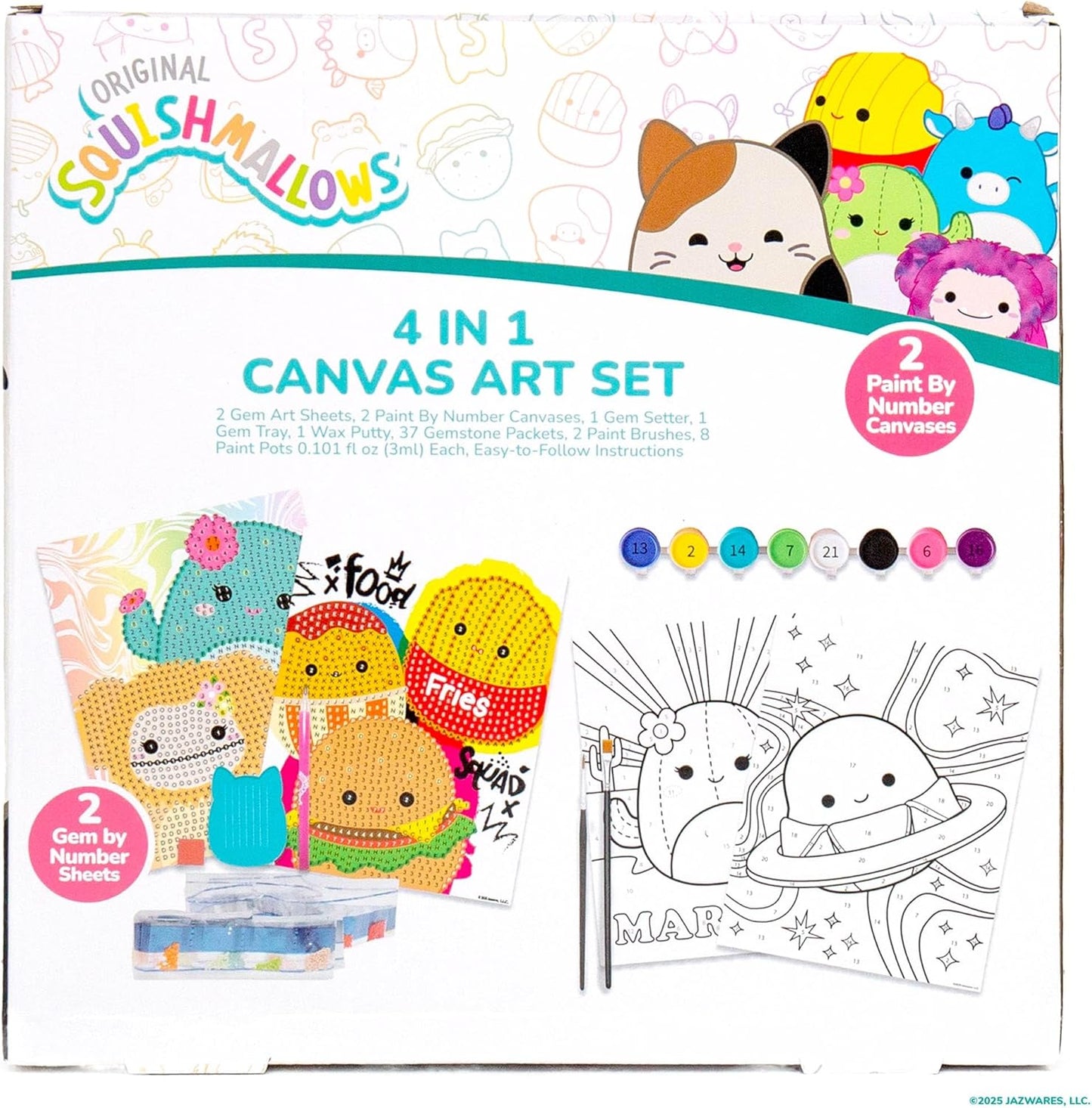 Squishmallows Original 4-in-1 Canvas Art Set, Paint by Numbers & Gem Art Crafts