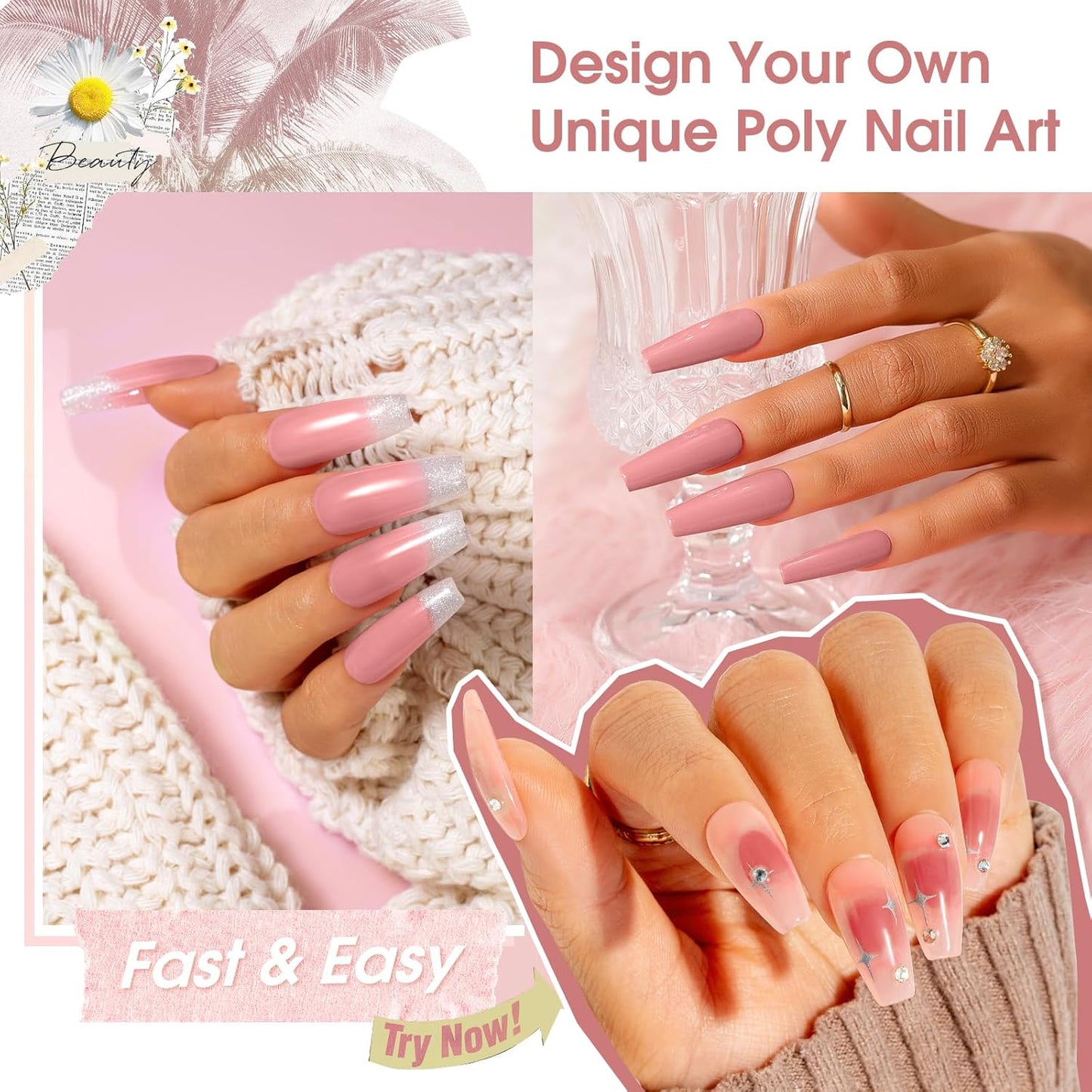 Nude Poly Extension Gel, ROSALIND 2.7 oz Light Nude Poly Nail Gel Builder for Nail Art Decoration, Thickening Extension Easy to DIY Use at Home Need UV Lamp