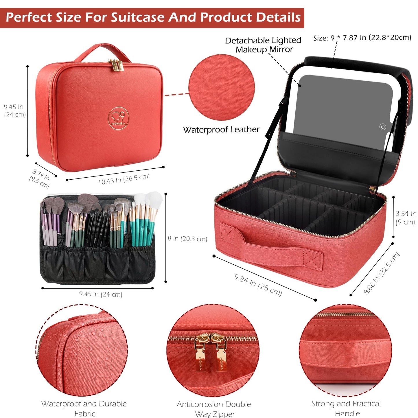 MOMIRA Travel Makeup Bag Cosmetic Bag Makeup Organizer Bag with Large Lighted Mirror 3 Color Scenarios Adjustable Brightness,Red