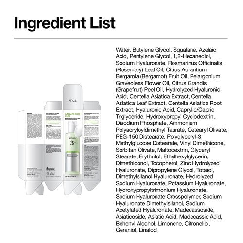 ANUA Azelaic Acid CICA Skin Soothing Moisturizer, Lightweight & Redness Relief, For Acne Prone Skin, Fragrance Free, Korean Skincare, 3.38 fl oz