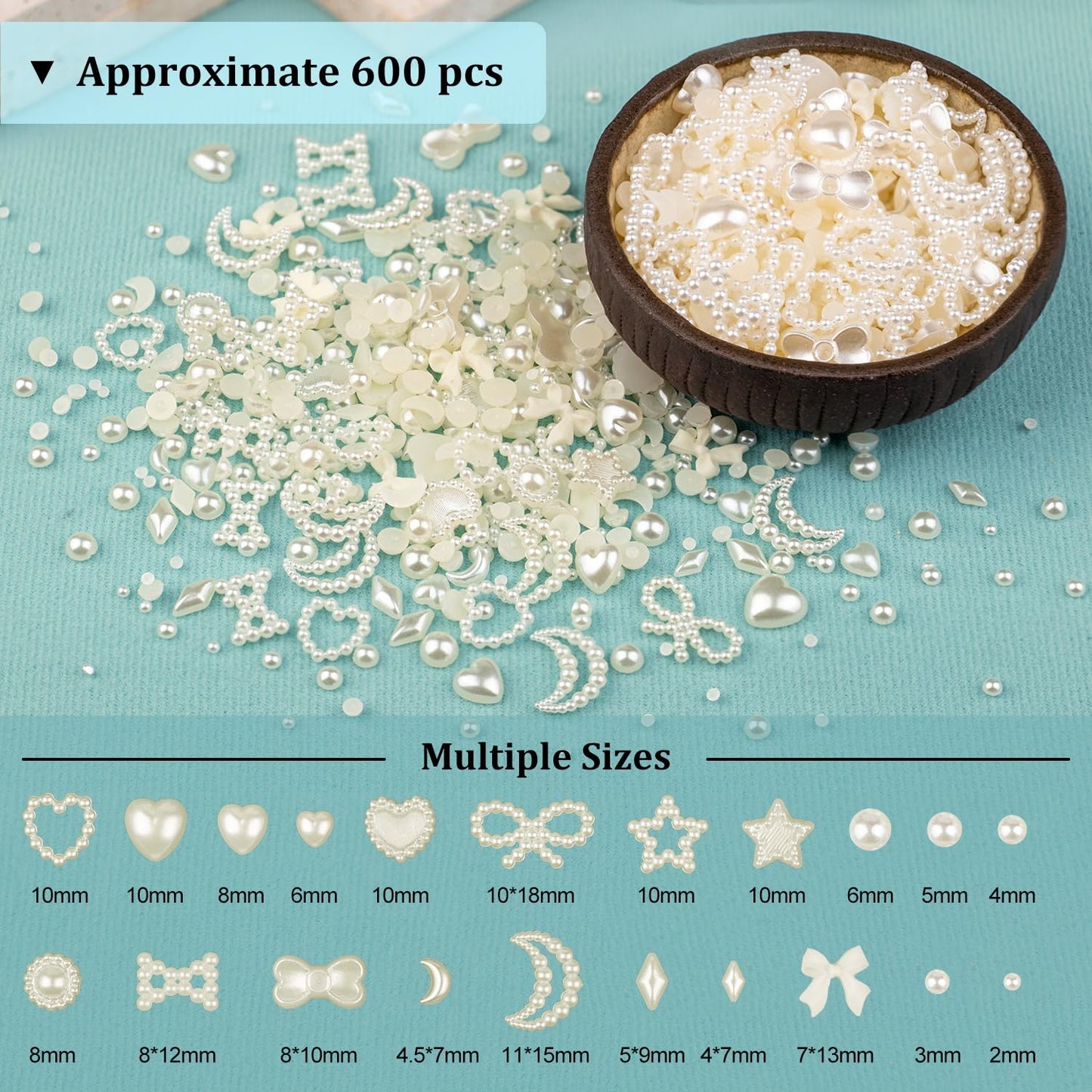 600Pcs 3D Multi Shapes Nail Charms and Flatback Pearls, Beige Mix Styles Heart Star Bow Sunflower Embellishments for Nail Art, Craft and Decoration with Glue Gel, Tweezer and Pickup Pencil