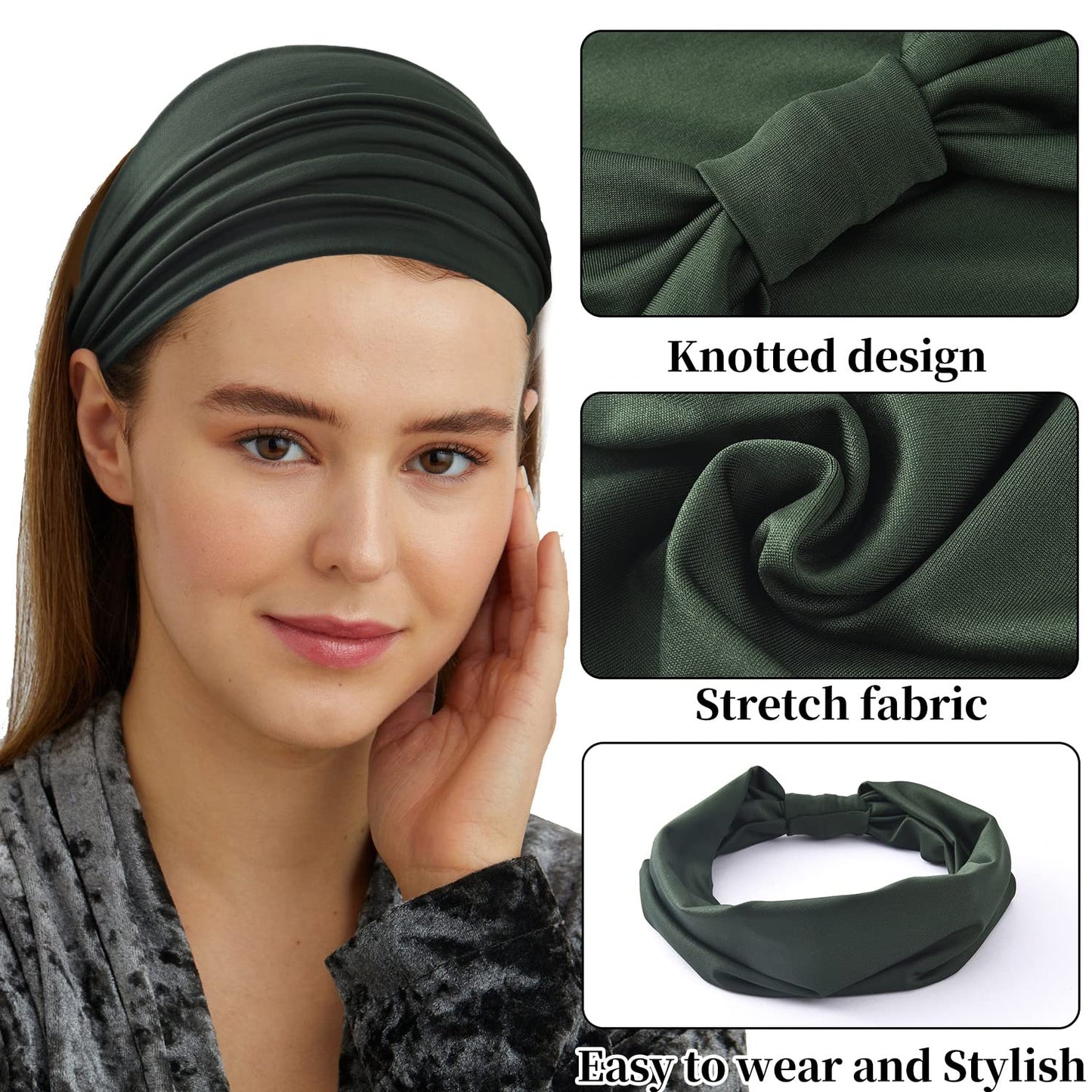Yeshan Women's Wide Boho Knotted Non-Slip Turban Headwraps - Stretchy Bandeau Hair Bands for Sports, Yoga, Workouts, Pack of 8