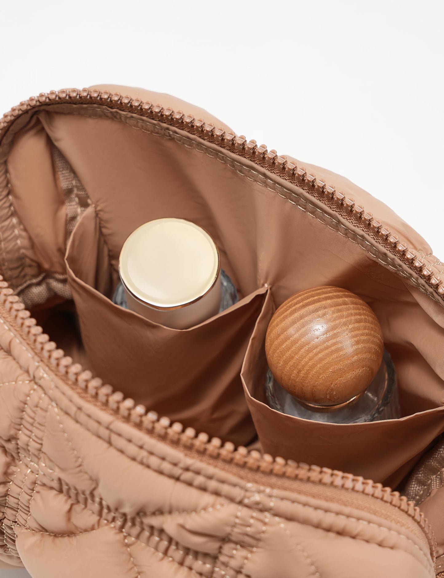 Yarnic Quilted Makeup Bag Cosmetic Bag, Travel Toiletry Bag for Women, Cute Makeup Bag Organizer Puffer Makeup Pouch (M, Khaki)