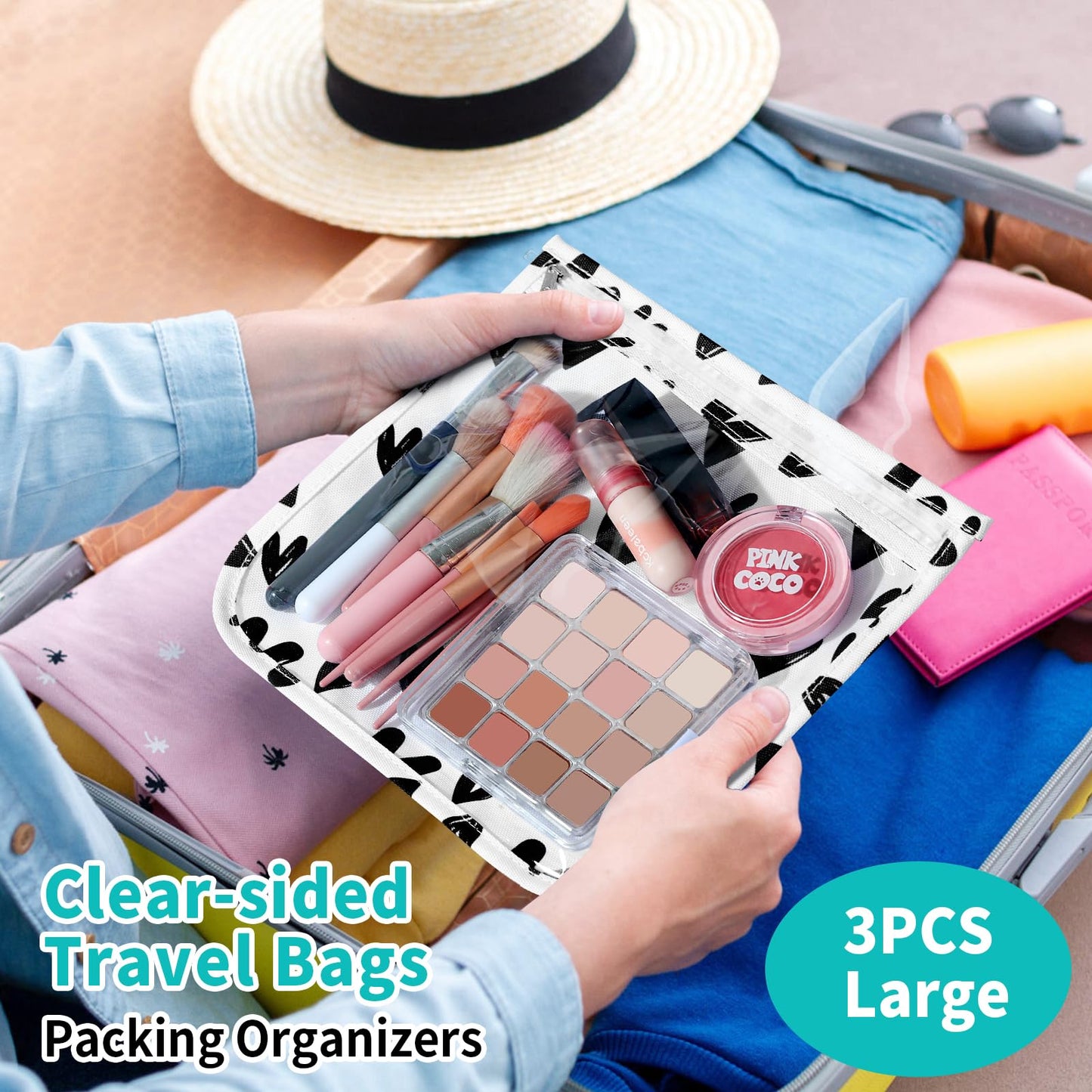 HIONXMGA TSA Approved Toiletry Bag, Set of 3 Clear Travel Toiletry Bag Quart Size Zipper Travel Pouch, Waterproof Makeup Cosmetic Bag for Women Men Kids Toiletries Carry on, Hearts Large