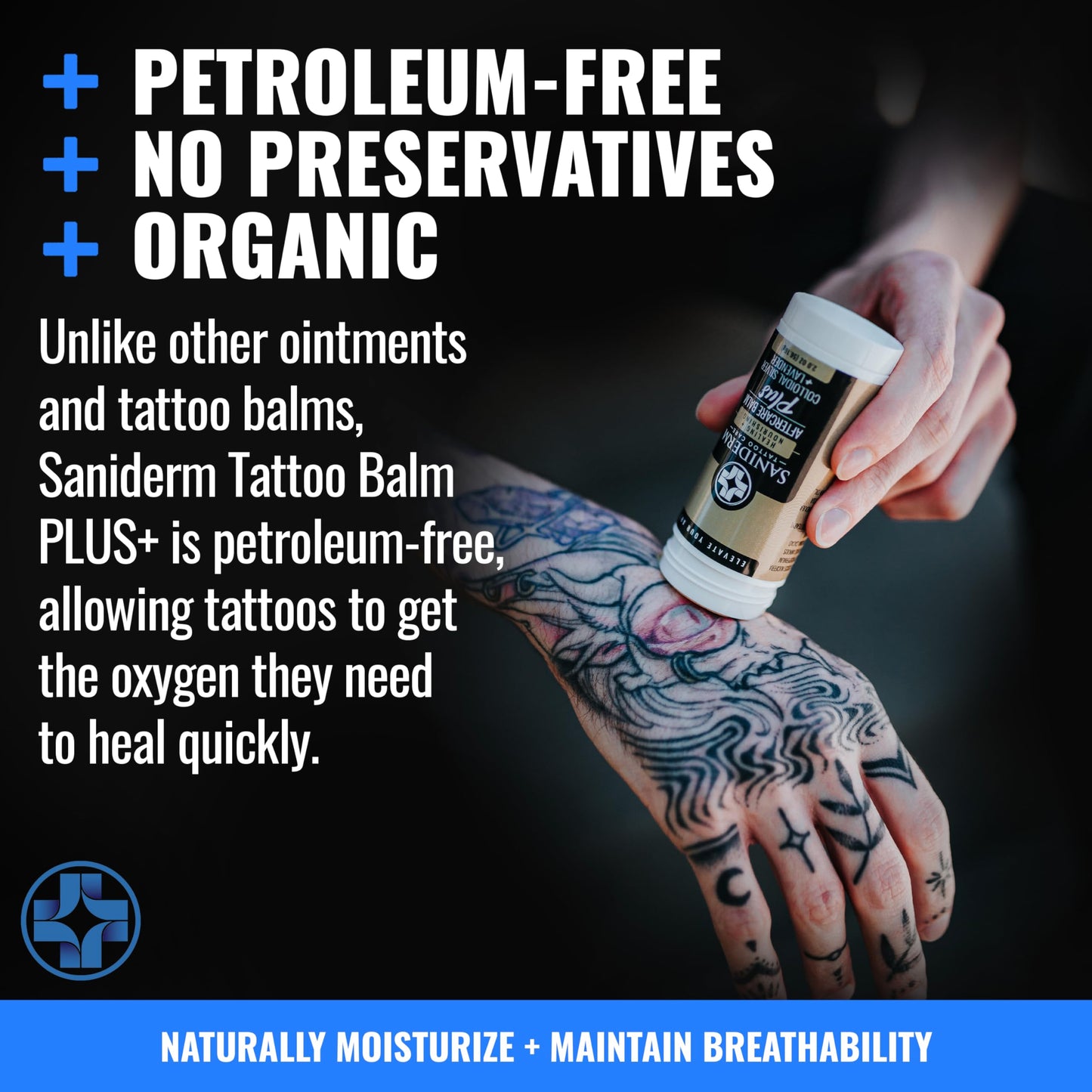 Saniderm Tattoo Aftercare Balm PLUS+ - Large (2.0 oz) – Petroleum Free, Organic Tattoo Moisturizer Infused with Colloidal Silver, Lavender Oil, and Other Natural Ingredients