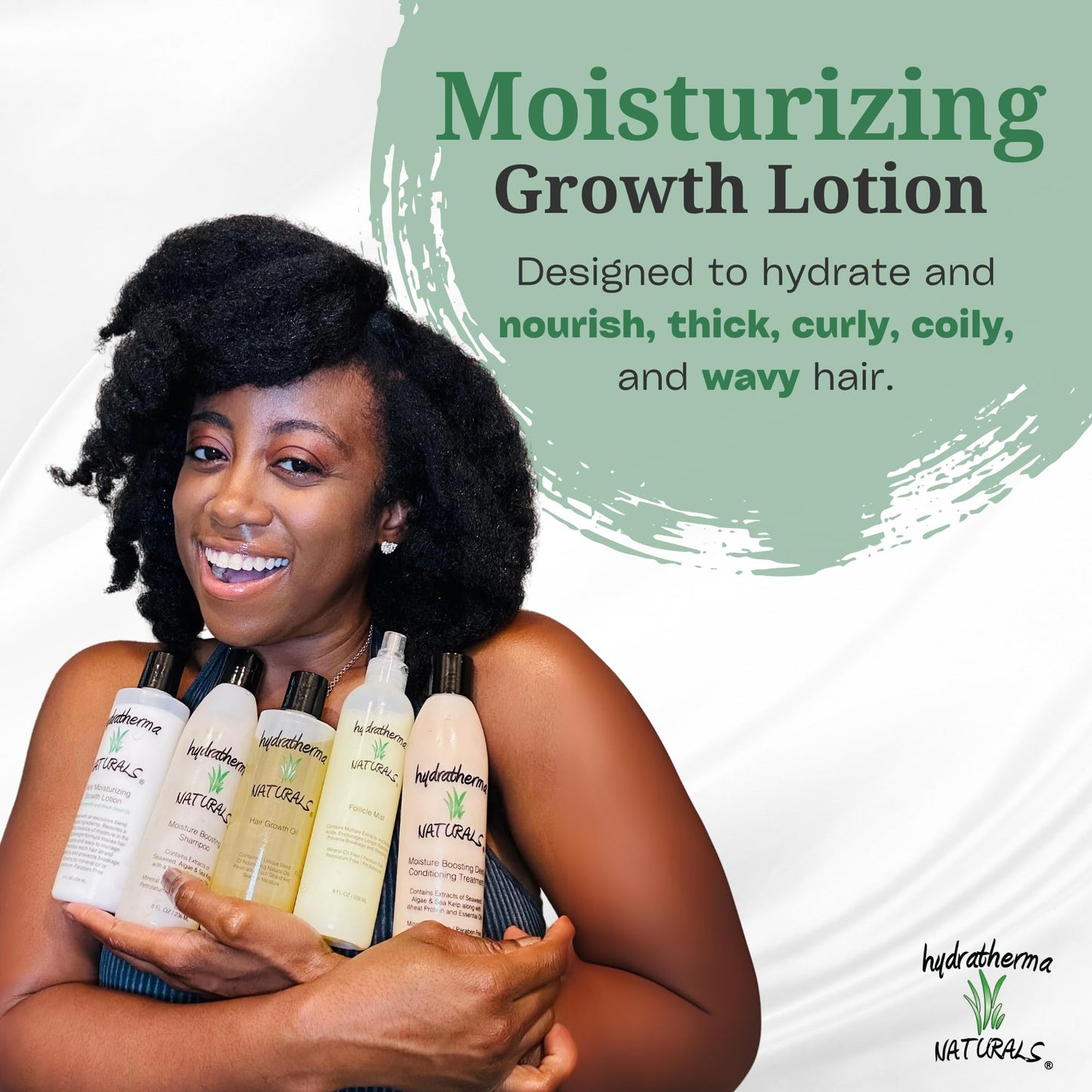 Hydratherma Naturals Daily Moisturizing Growth Lotion 8 oz. - For Thick, Curly, Coily, and Wavy Hair - Excellent for Chemically Treated or Natural Hair - Prevents Breakage and Shedding