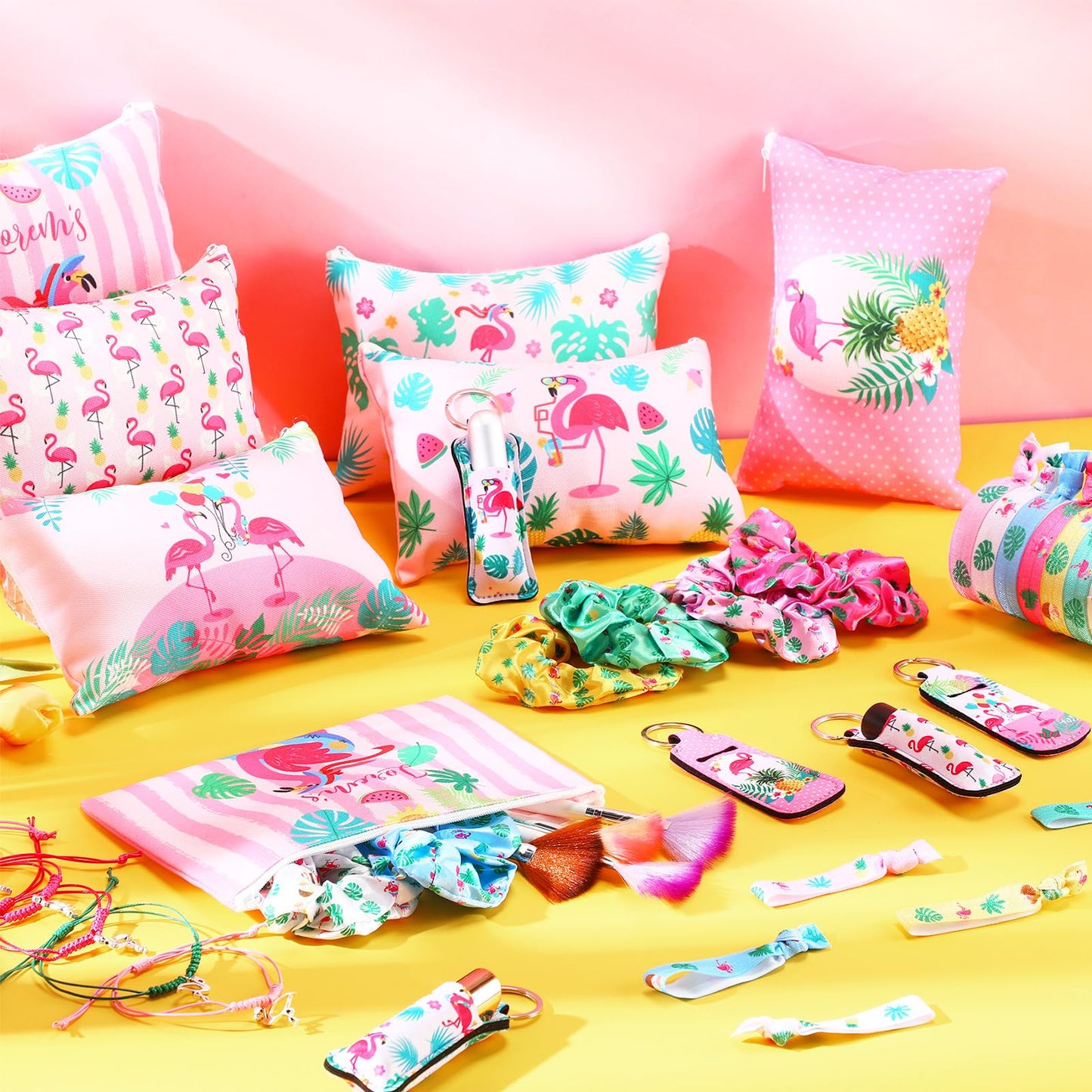 Abbylike 60 Pcs Flamingo Party Favors 12 Flamingo Print Cosmetic Makeup Bag 12 Charm Bracelets 12 Flamingo Hair Scrunchies 12 Tropical Hair Ties 12 Keychains for Birthday Summer Beach Hawaiian Gift