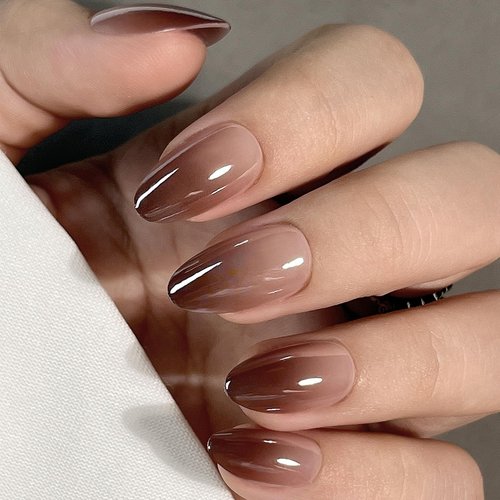 RTKHFZE Press On Nails Medium - Supremely Fit & Natural Soft Gel Glue On Nails with Nail Glue, Reusable Stick On Nails in 16 Sizes - 32 Fake Nails Kit, Brown Gradient