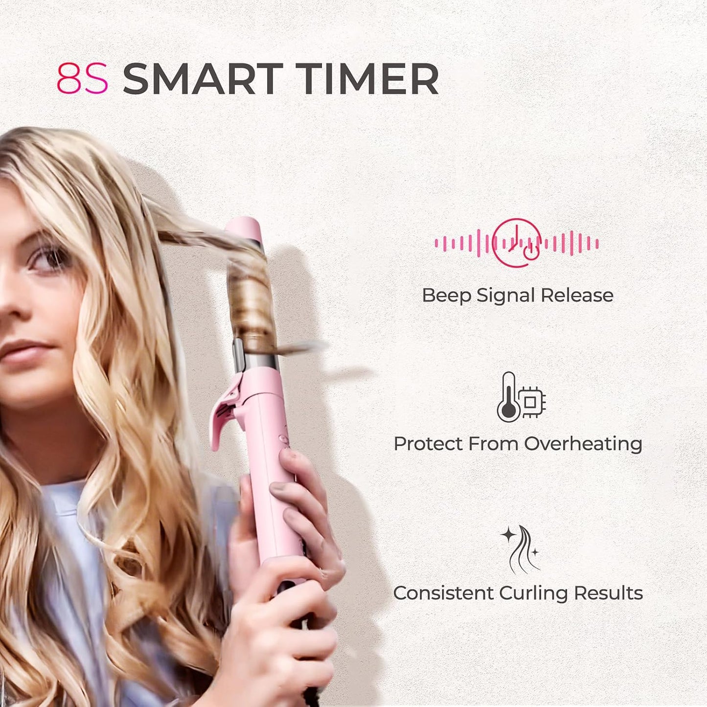 TYMO Automatic Curling Iron - Rotating Beach Waves Curling Wand for Long Hair, 1.25 Inch, Pink