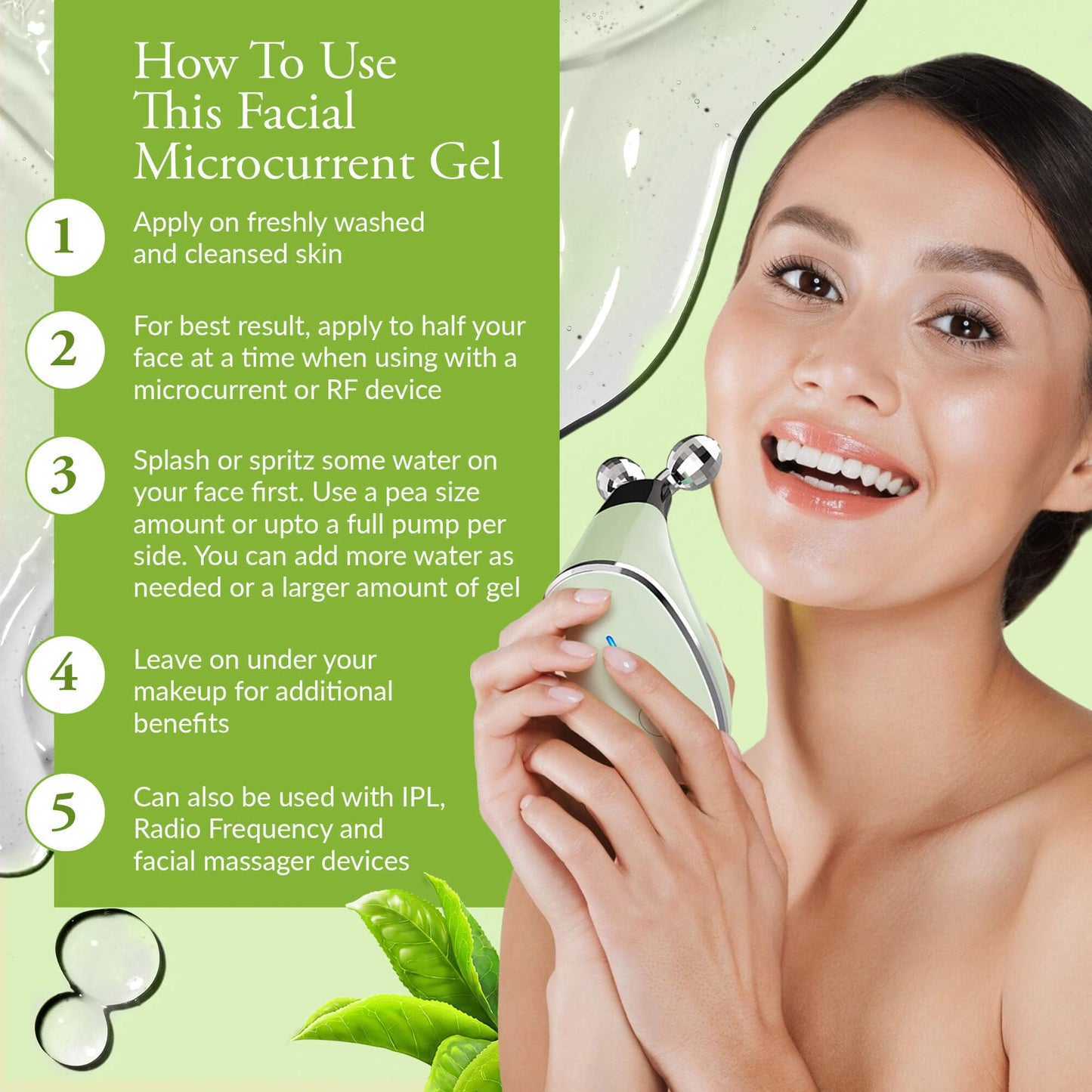 IndulgeMe Facial Conductive Gel for Microcurrent Device with Korean Green Tea Extract, Aloe Leaf Water, Hyaluronic Acid - Primer Conducting Gel for Face/Body Sculpting, RF, Red Light Therapy (8.45 oz)