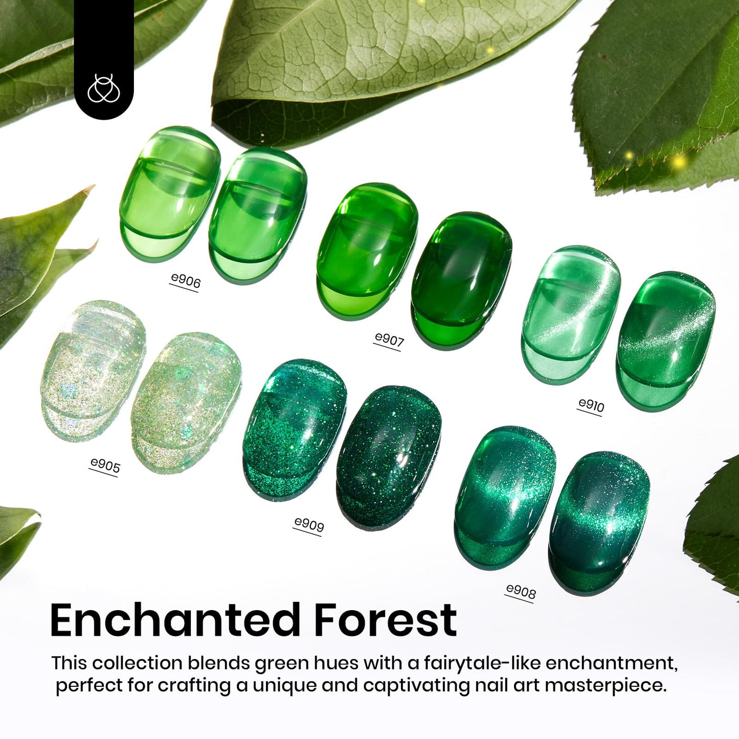 Beetles Gel Polish Green Gel Nail Polish Set, Cat Eye Jelly Gel Polish with Color Swatch Dots Magnet, 6 Color Glitter Enchanted Forest Theme for Salon Gel Manicure Nail Art DIY at Home