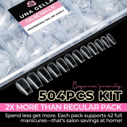 UNA GELLA Short Coffin Nails Tips, 504pcs No c Curve short Coffin Gel Press On Nails Pre Etched For Women Acrylic Nail Extension Full Cover Home Salon 12 Sizes