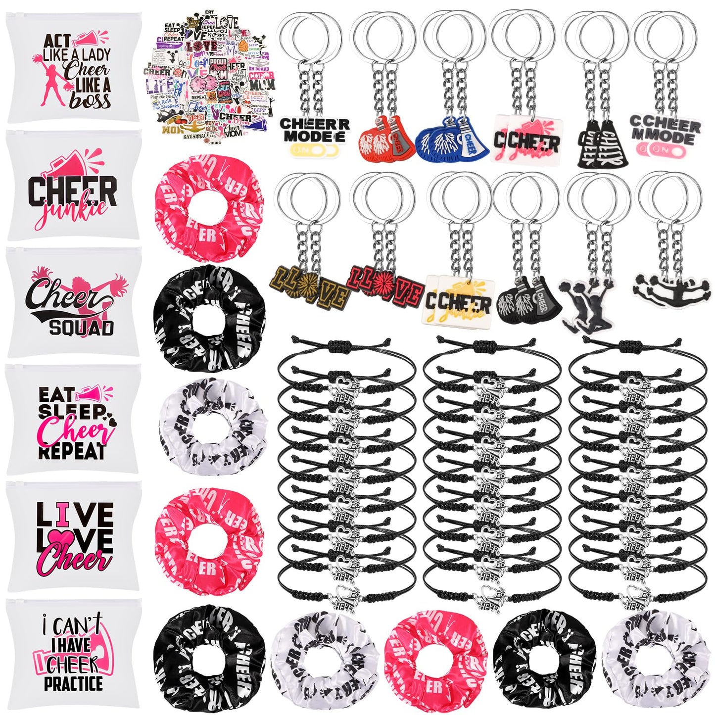 146 Pcs Cheerleader Gifts 24 Cheer Scrunchie 24 Cheer Bracelets 24 Cheer Keychain 24 Zipper Portable Cheer Makeup Bag 50 Waterproof Cheer Stickers for Cheer Team Party Favors Cheerleading Accessories