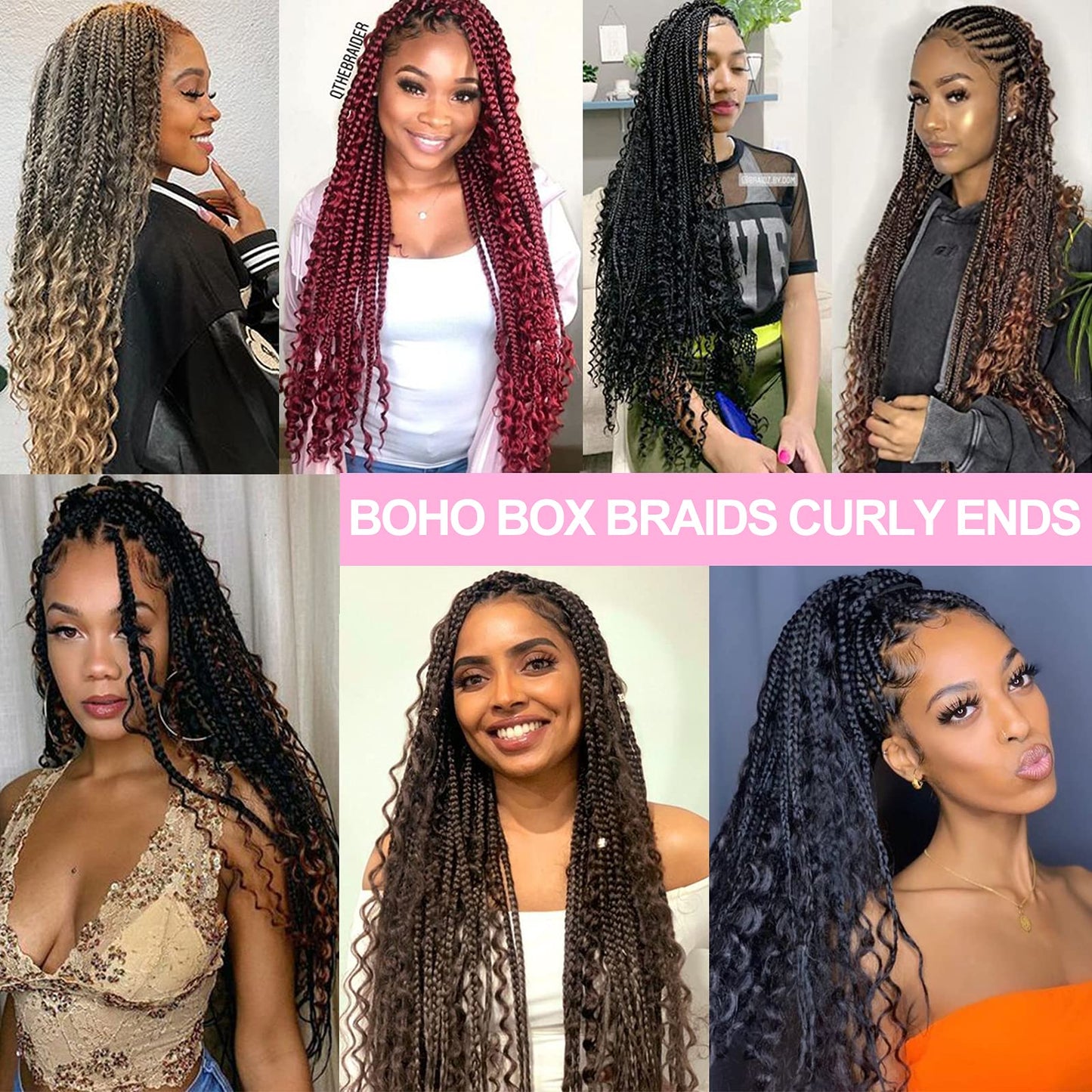 Unionbeauty 8 Packs 24 Inch Boho Box Braids Crochet Hair Curly Ends Goddess Box Braids Hair Distressed Butterfly Bohemian Hippie Braids Pre-looped Synthetic Braiding Hair Extension for Black Woman 1B#