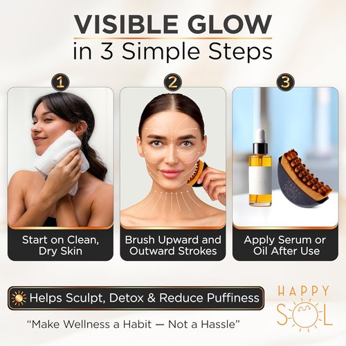 Happy Sol Lymphatic Contour Face Brush - Ergonomic Dry Brushing Tool for Puffiness & Glow | Compact Travel Size