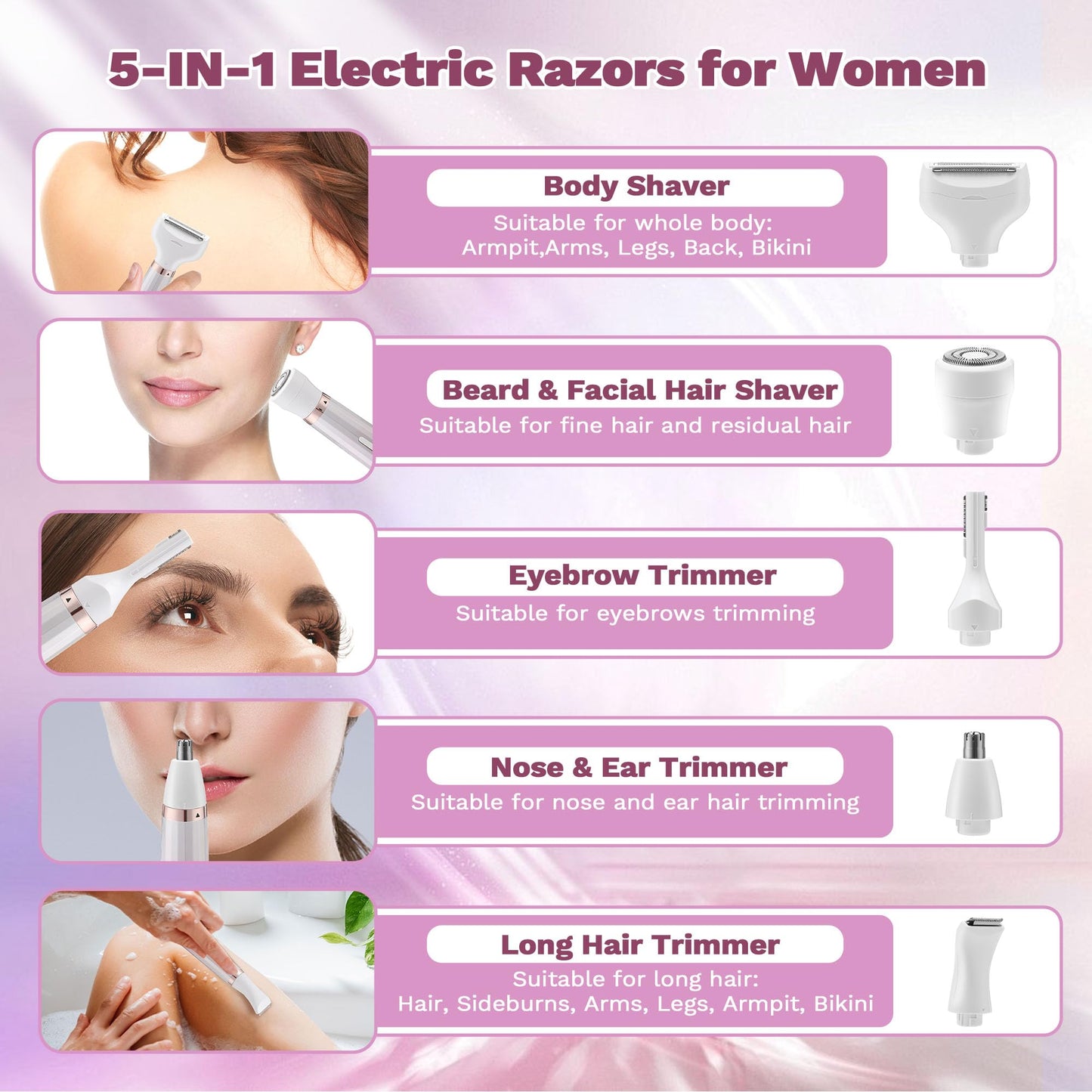 Electric Razors Shavers for Women, Bikini Trimmer 5 in 1 Electric Shaver Razor for Women Wet/Dry Face Razors for Face Nose Eyebrow Arms Armpit Legs Pubic Area Painless Facial Hair Removal for Women