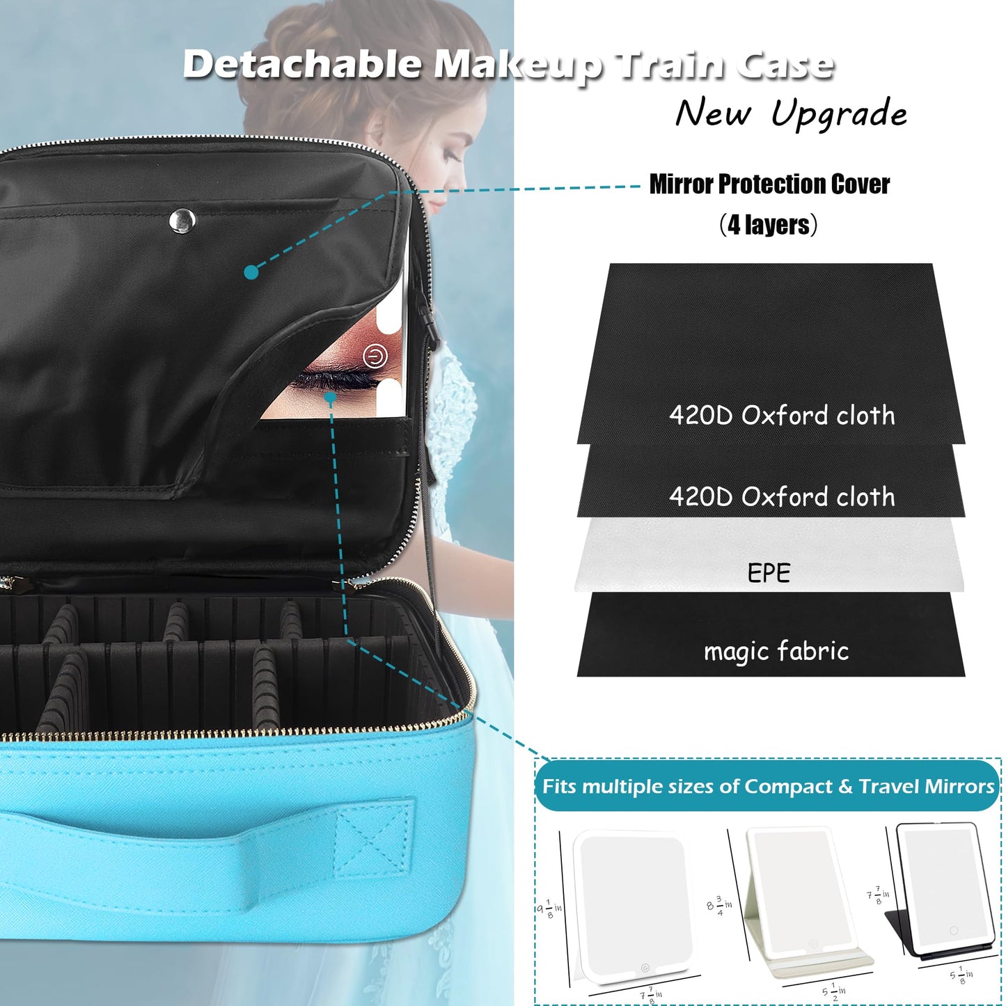 MOMIRA Travel Makeup Bag Cosmetic Bag with Lighted Mirror, Adjustable Brightness in 3 Color Scenarios, Waterproof, 10x Magnifying Mirror, Rotatable Independent Light Mirror- Diamond Blue(Solid)