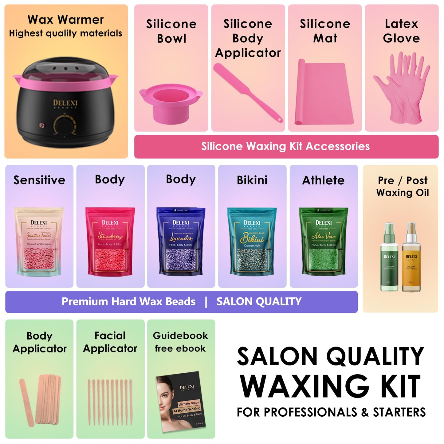 DELEXI All-in-one Waxing Kit for Women +5 Pack Salon Quality Wax for Full Body Hair Removal - Ideal for Bikini, Brazilian, Underarms, Legs, Eyebrows, Chest, Back, and Mustache | For Sensitive Skin