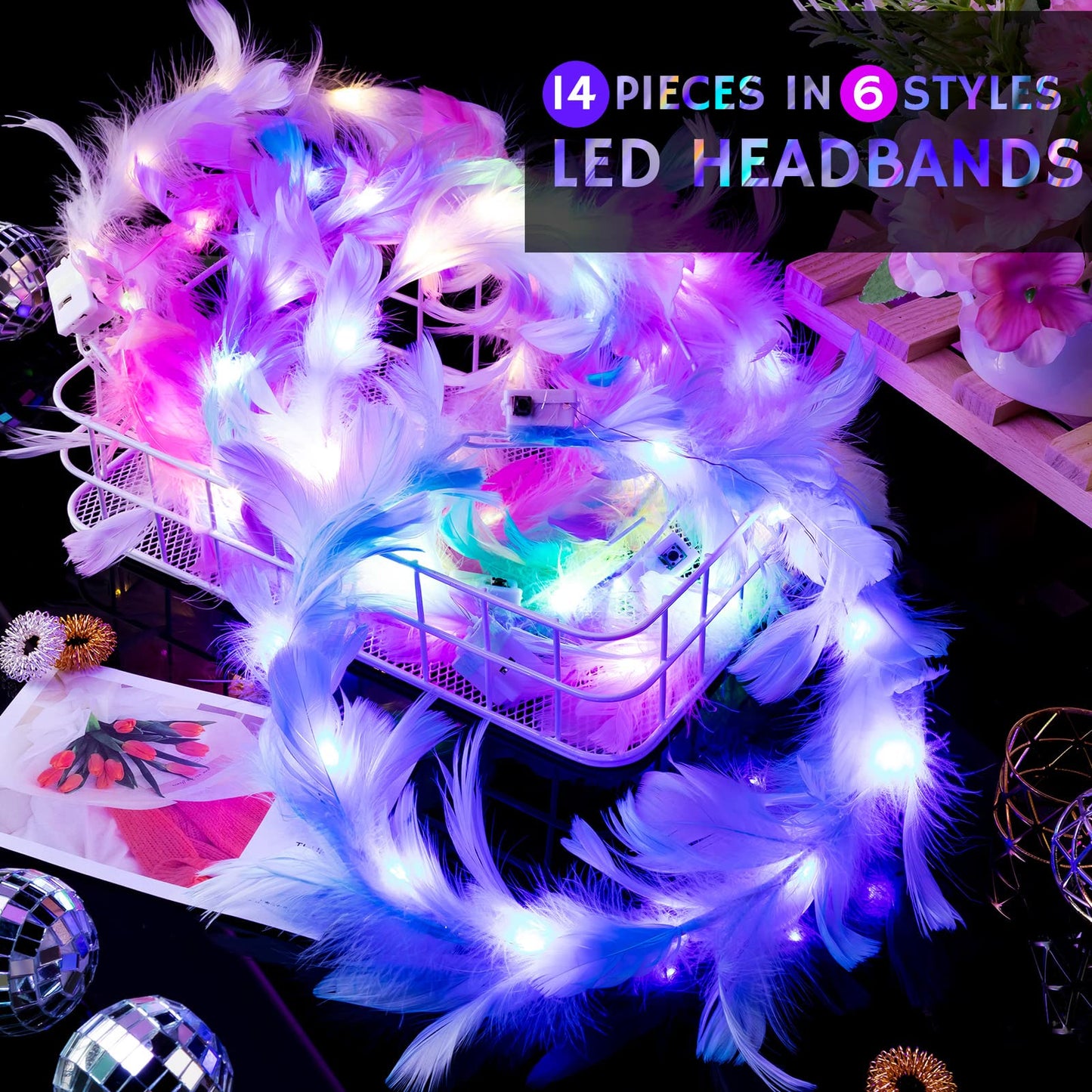 Janinka 28 Pcs Feather Crown Headband - 6 Styles LED Light Up Hair Accessories with 3 Light Modes for Women Girls Wedding Festival Party