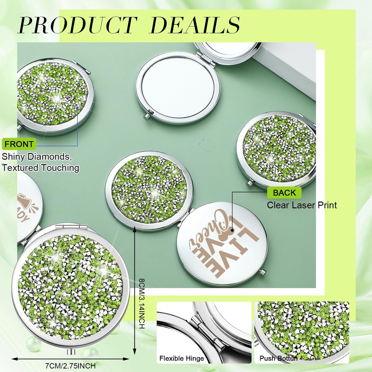 Sintuff 12 Pcs Cheer Gifts for Cheerleaders Compact Mirror Bulk for Cheer Team Coach Cheerleading Gifts Folding Pocket Cosmetic Purse Mirror Accessories(Green, Silver)