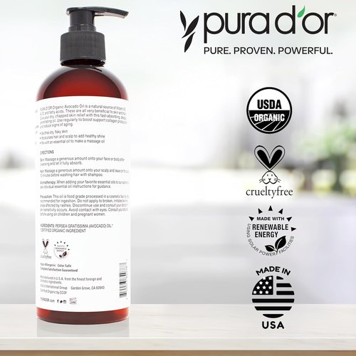 PURA D'OR Organic Avocado Oil - 100% Pure Cold Pressed Moisturizer for Face, Skin & Hair - 16 Oz