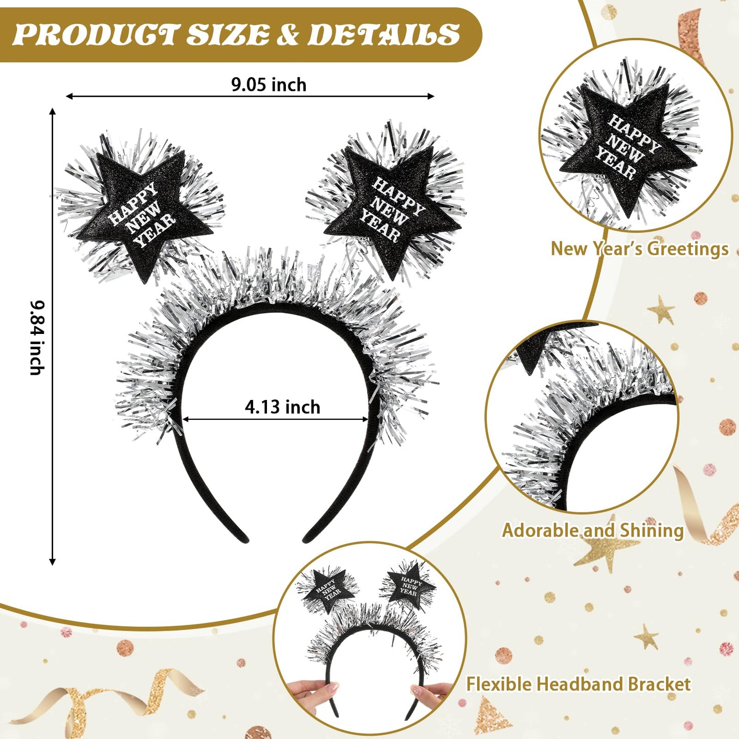 Yuxung 12 Pcs Happy New Year Headband with Star Flashing Headband 2024 New Year Eve Hair Hoop Headdress Hair Accessories Silver Wire Adult Kids Holiday Party Supplies Favors