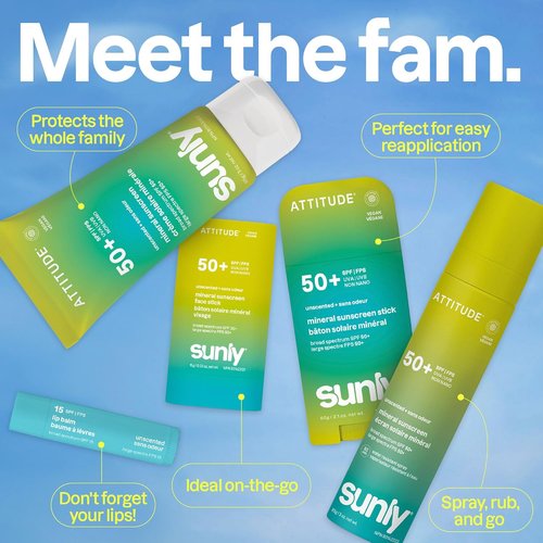 ATTITUDE Mineral Sunscreen Stick SPF 50, Broad Spectrum Zinc Oxide, EWG Verified, Non-Nano, Mess-Free Stick for Face & Body, Lightweight Non-Greasy, Vegan, Unscented, 2 Oz