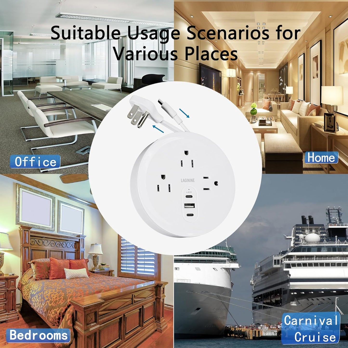 Skiennix Travel Power Strip - 3 AC Outlets & 3 USB Charging Ports (2 USB-C) | Essential for Home, Office & Travel