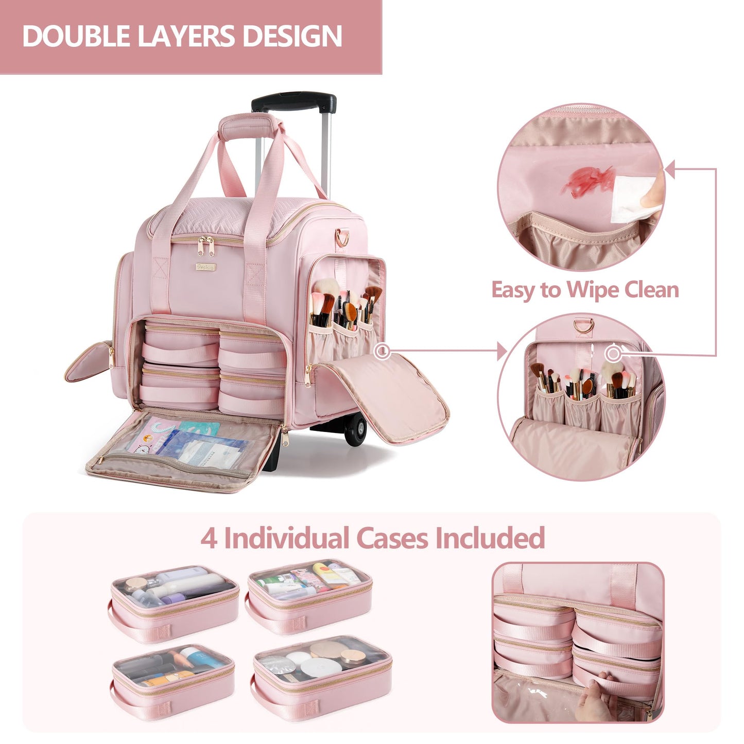 Prokva Rolling Makeup Case with 4 Removable Bags, Professional Makeup Train Case with Wheels, Makeup Artist Travel Bag with Brushes Storage Section, Pink (Patent Design)