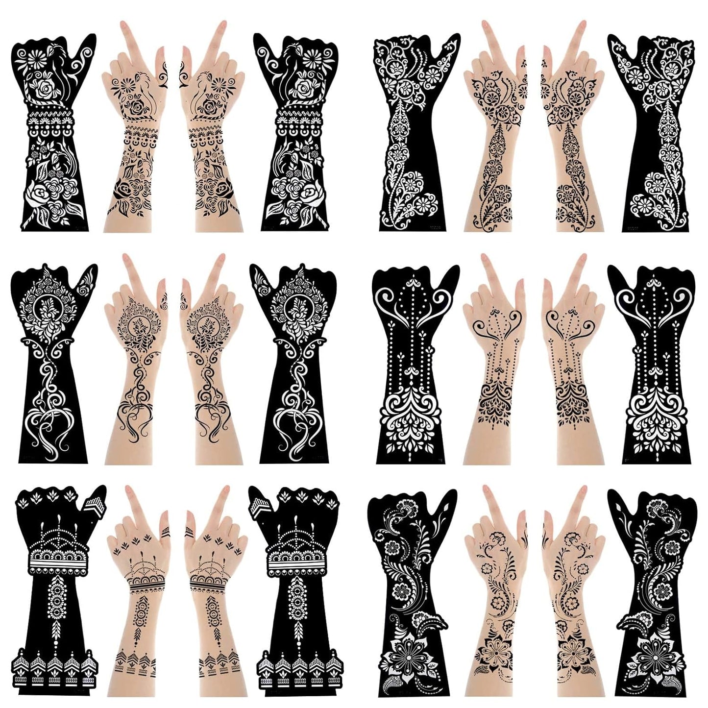 Xmasir 12 Large Sheets Henna Tattoo Stencil Kit for Hand Forearm Body Paint, Indian Arabian Temporary Tattoo Templates for Women Girls (S9)