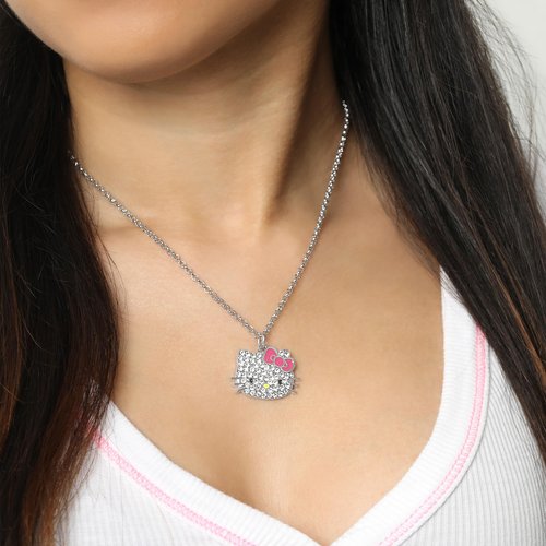 Hello Kitty Sanrio Pave Crystal Pendant Necklace for Women Official License, 16"+3" Sparkly Necklace with Enamel Plating