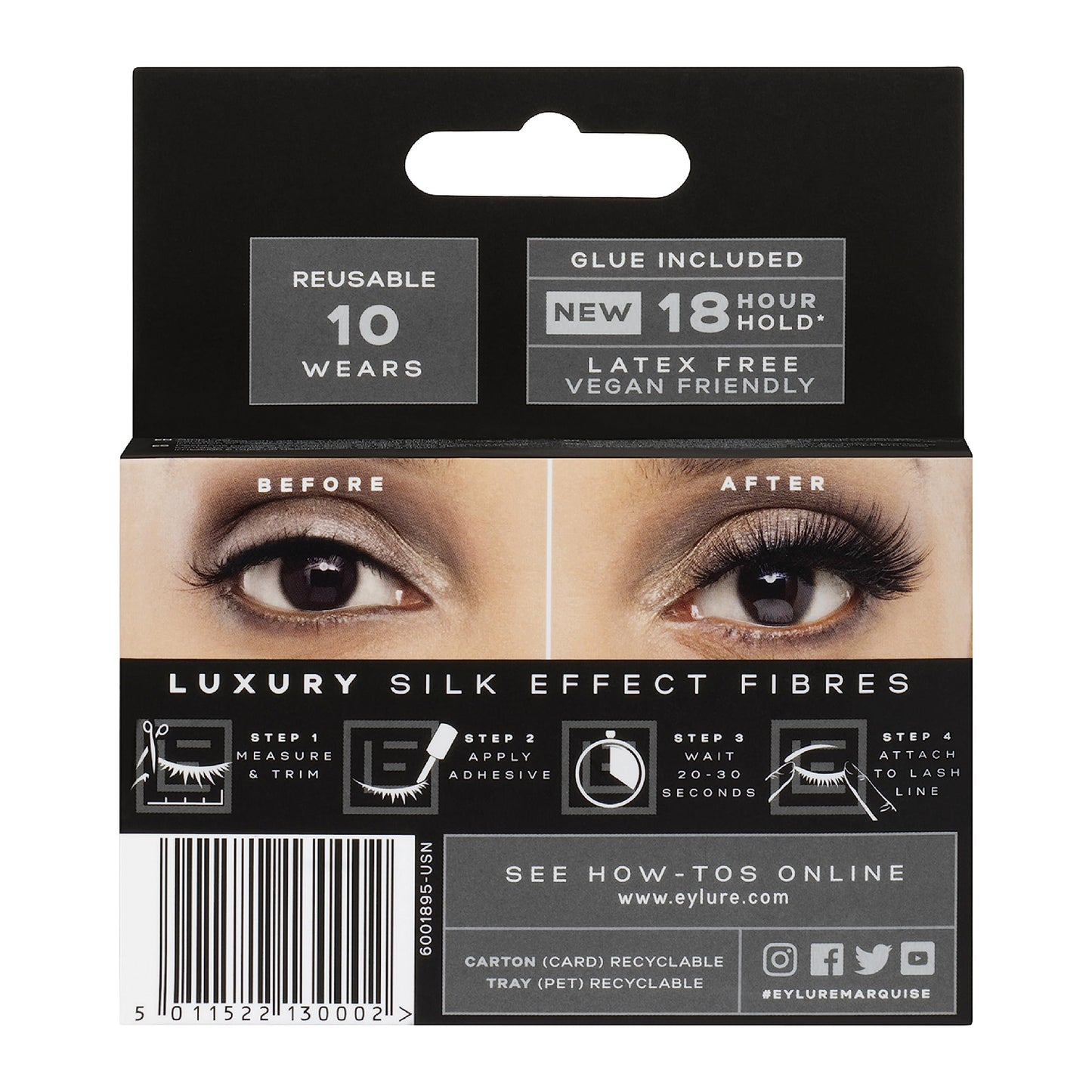 Eylure Luxe Silk Marquise Reusable Eyelashes, Adhesive Included, 1 Pair (Pack of 2)
