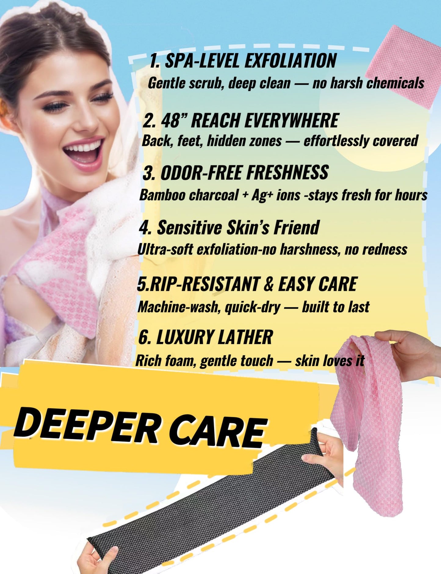 BLISSAL Exfoliating Shower Towel 48",Premium Scrub Wash Cloth for Body Face, Exfoliating Washcloth for Men and Woman(Pink)