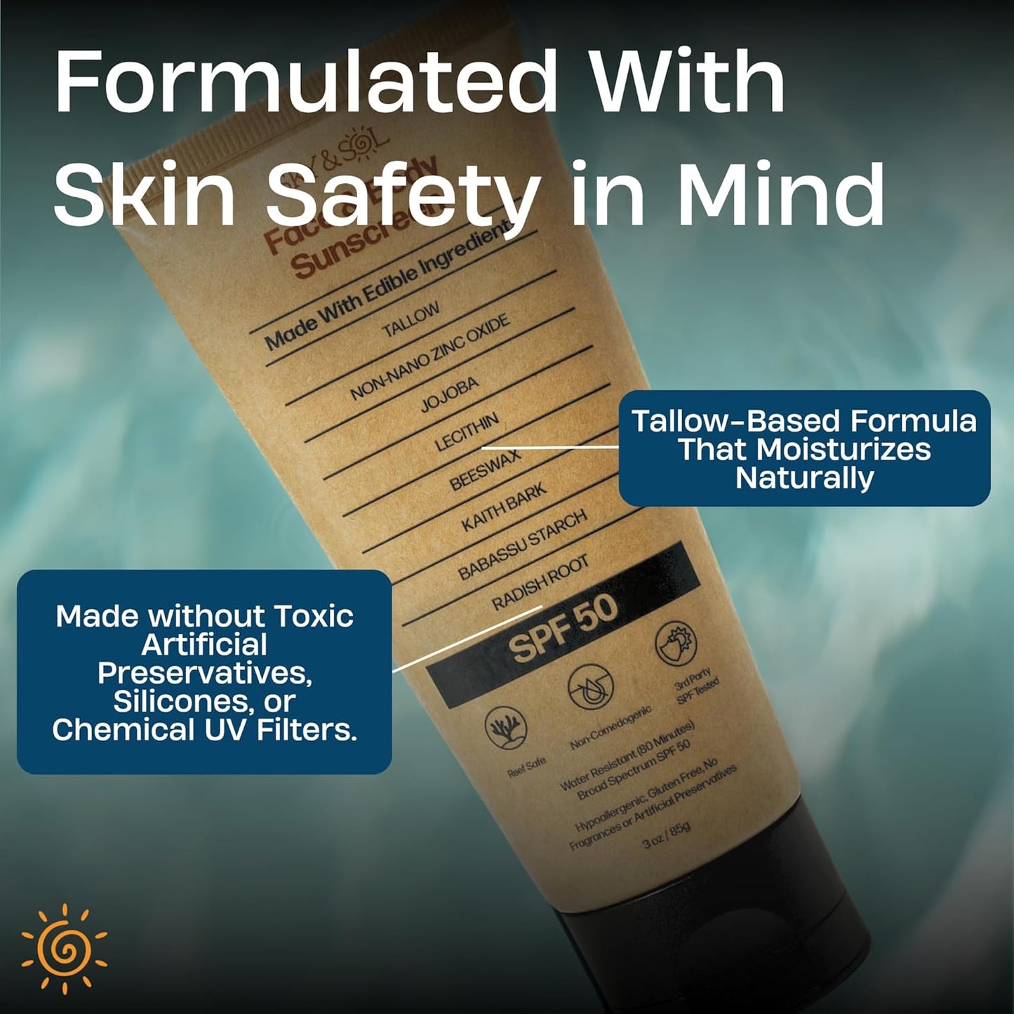 Sky and Sol Mineral Sunscreen SPF 50 - Non-Greasy Formula with Grass-Fed Tallow & Zinc Oxide | 3 oz (85 g)