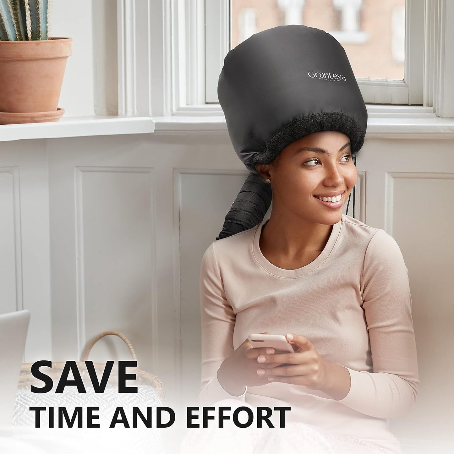 Bonnet Hair Dryer w/A Headband Integrated That Reduces Heat Around Ears & Neck - Diffuser Cap for Hair Dryer Curly Hair, Speeds Up Drying Time, Deep Conditioning at Home - Large (Purple)