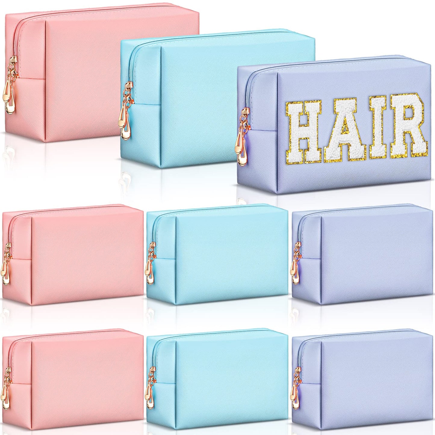 Sanwuta 9 Pcs Preppy Makeup Bag PU Leather Cosmetic Bag Makeup Pouch Plain Cosmetic Pouch Waterproof Toiletry Bags for Traveling Preppy Travel Purse Cosmetic Organizer(Pink, Blue, Purple)