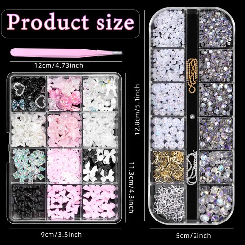 3D Assorted Nail Charms Gems, Bow Bowknot Butterfly Flower Acrylic Nail Art Charms, Half Round Nail Pearl and Rhinetones Charms for DIY Nail Art Accessories