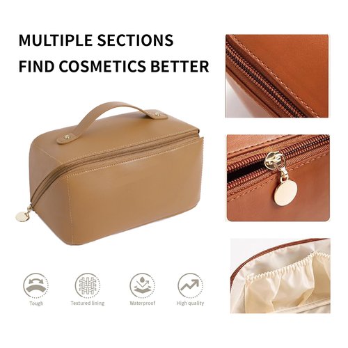 Travel Makeup Bag,Large Capacity Cosmetic Bags for Women,Waterproof Portable Pouch Open Flat Toiletry Bag Make up Organizer with Divider and Handle,PU Leather Gifts for Women Mom-K6202 (Brown)