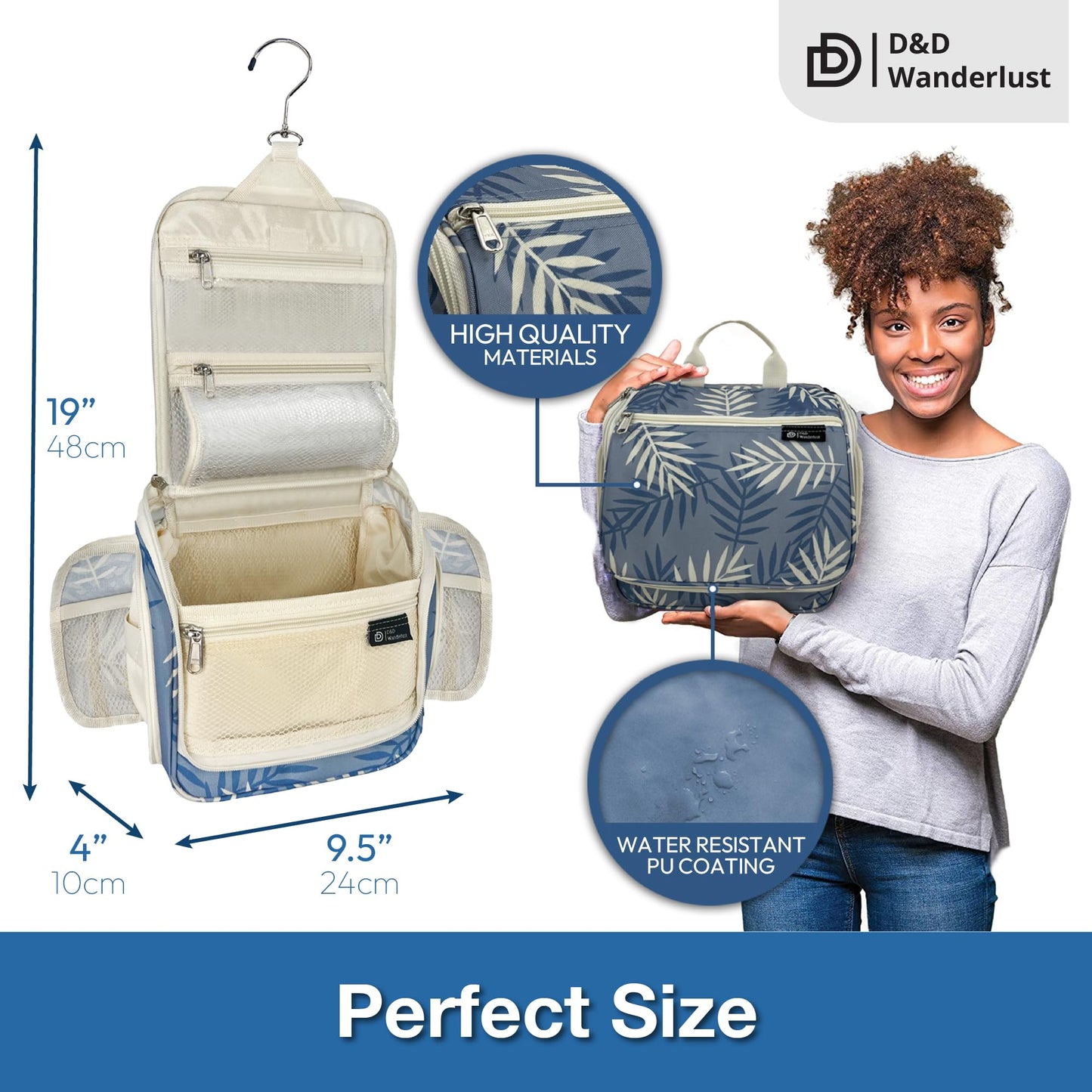 D&D Hanging Travel Toiletry Bag for Men and Women – Cosmetics, Makeup and Toiletries Organizer Kit with 10 Compartments, XXL Metal Swivel Hook, Water-Resistant Nylon