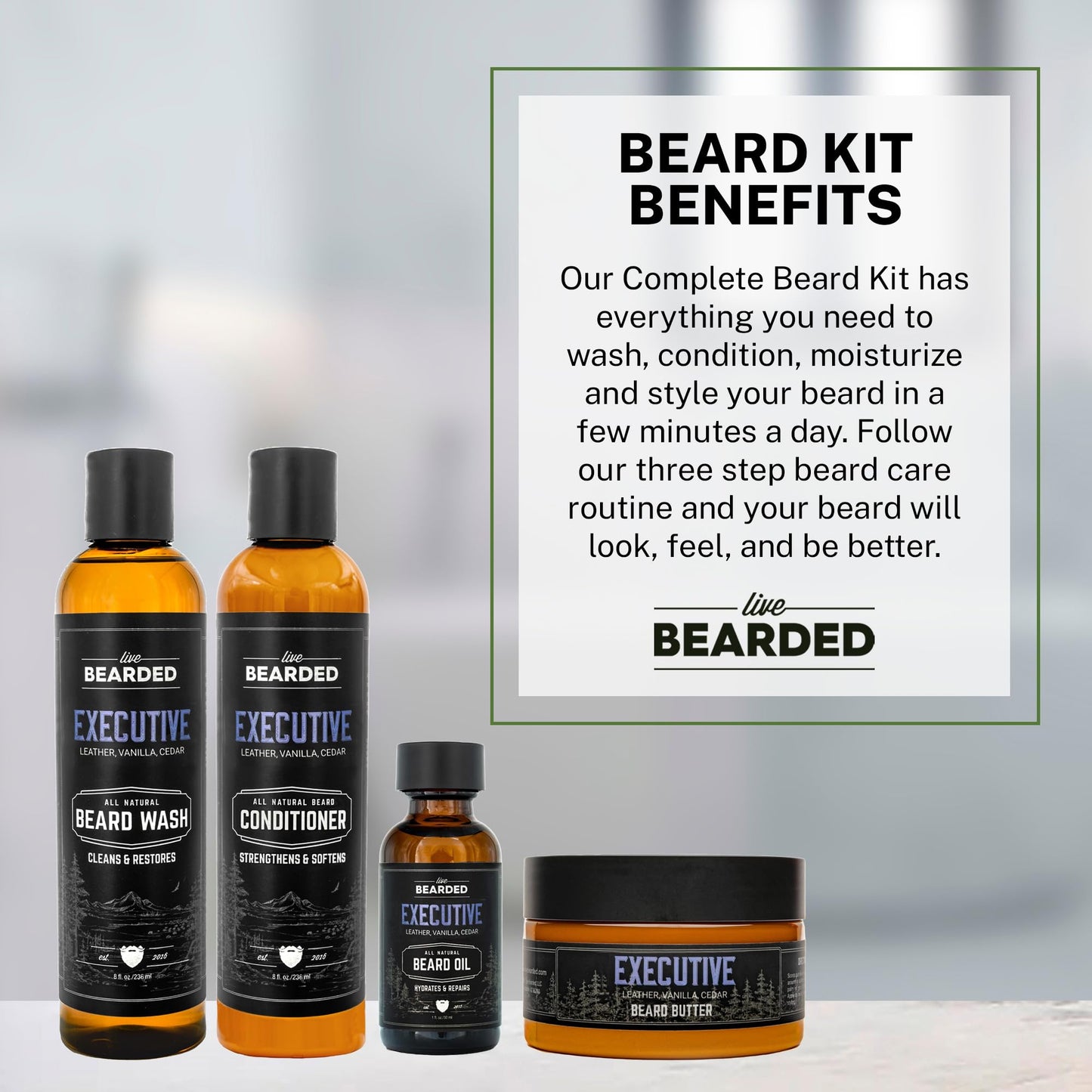 Live Bearded Complete Beard Grooming Kit - Wash, Conditioner, Butter and Oil - Made in the USA with All-Natural Ingredients - Mens Groom Set | Executive Scent - Cedar, Vanilla