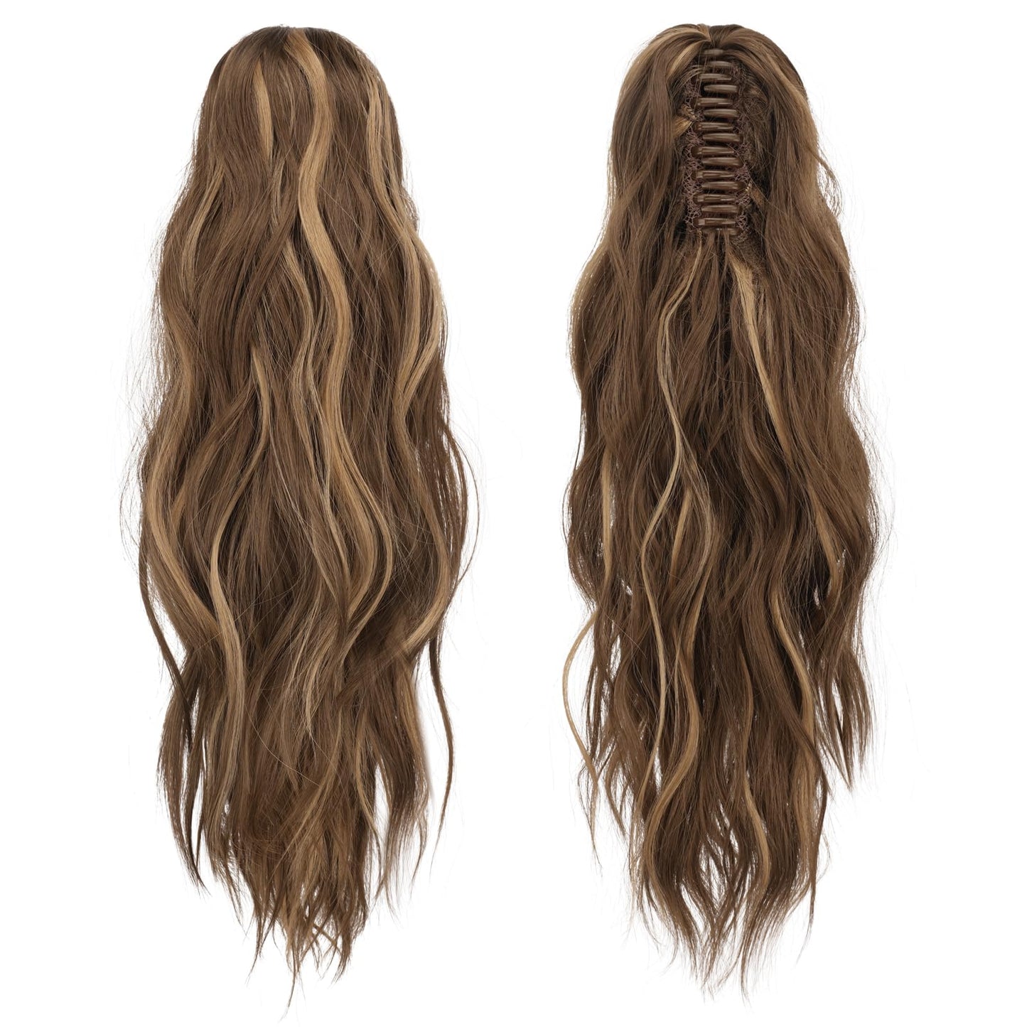 FESHFEN Ponytail Extensions, Long Claw Clip in Ponytail Hairpiece Synthetic Pony Tails Hair Piece Natural Wavy Hairpieces for Women, 20 inch Honey Blonde Mixed Light Brown