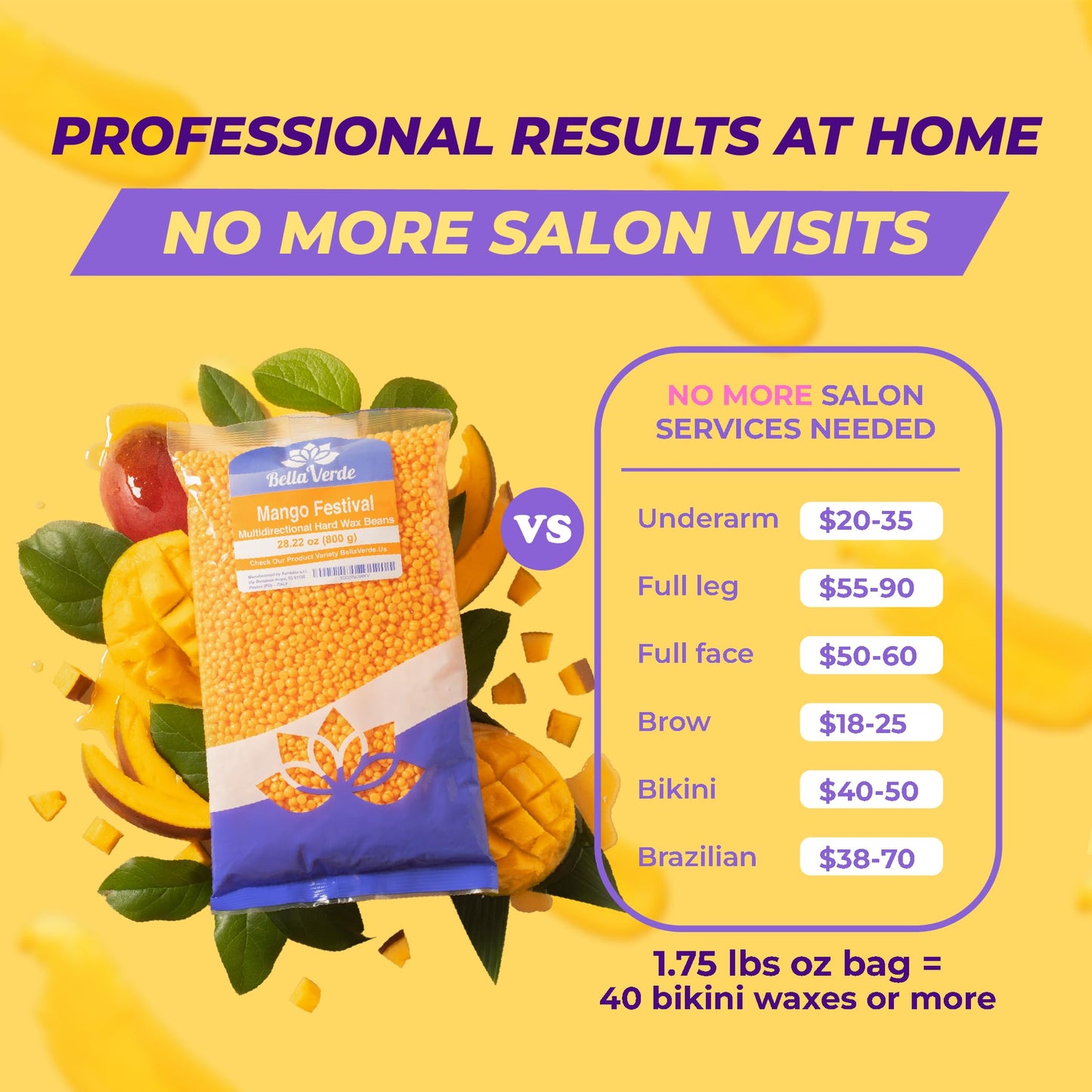 Bella Verde Hard Wax Beads for Hair Removal 1.76 Pounds - Waxing Beads - Mango Bikini Brazilian Wax Beads - Facial Body Wax Beads - for Sensitive Skin