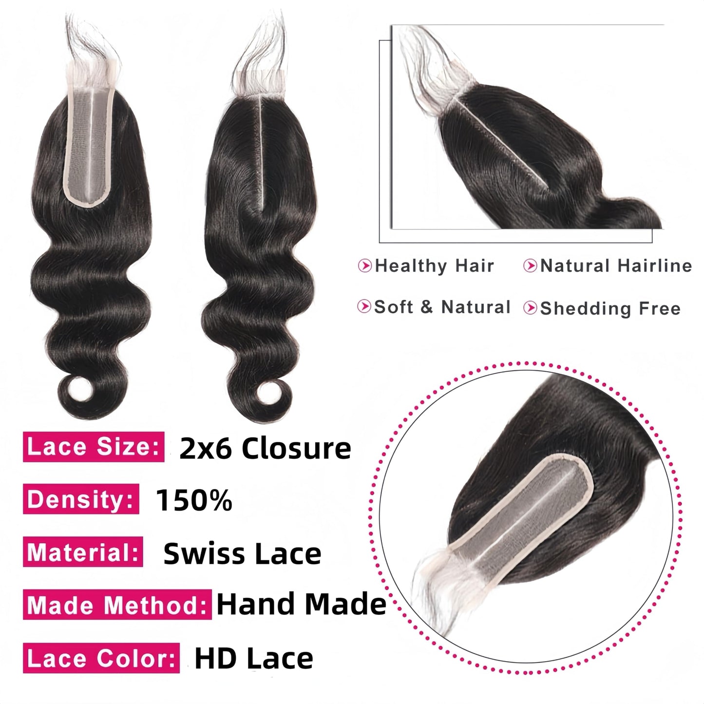 Czrleaty Brazilian Body Wave 2x6 Transparent Lace Closure with Baby Hair Deep Middle Part 2x6 Closure Remy Wavy Human Hair Lace Closure Kim K 2x6 HD Lace Closure(12")