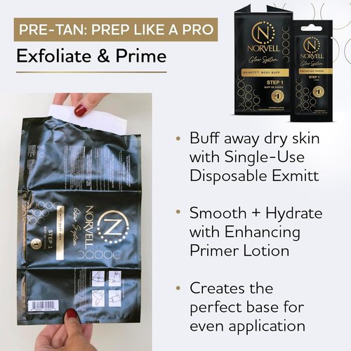 Norvell Glow System Trial Kit - 5-Step Sunless Tanning Essentials with Exmitt, Primer & Cleanser | Travel-Friendly Pouch
