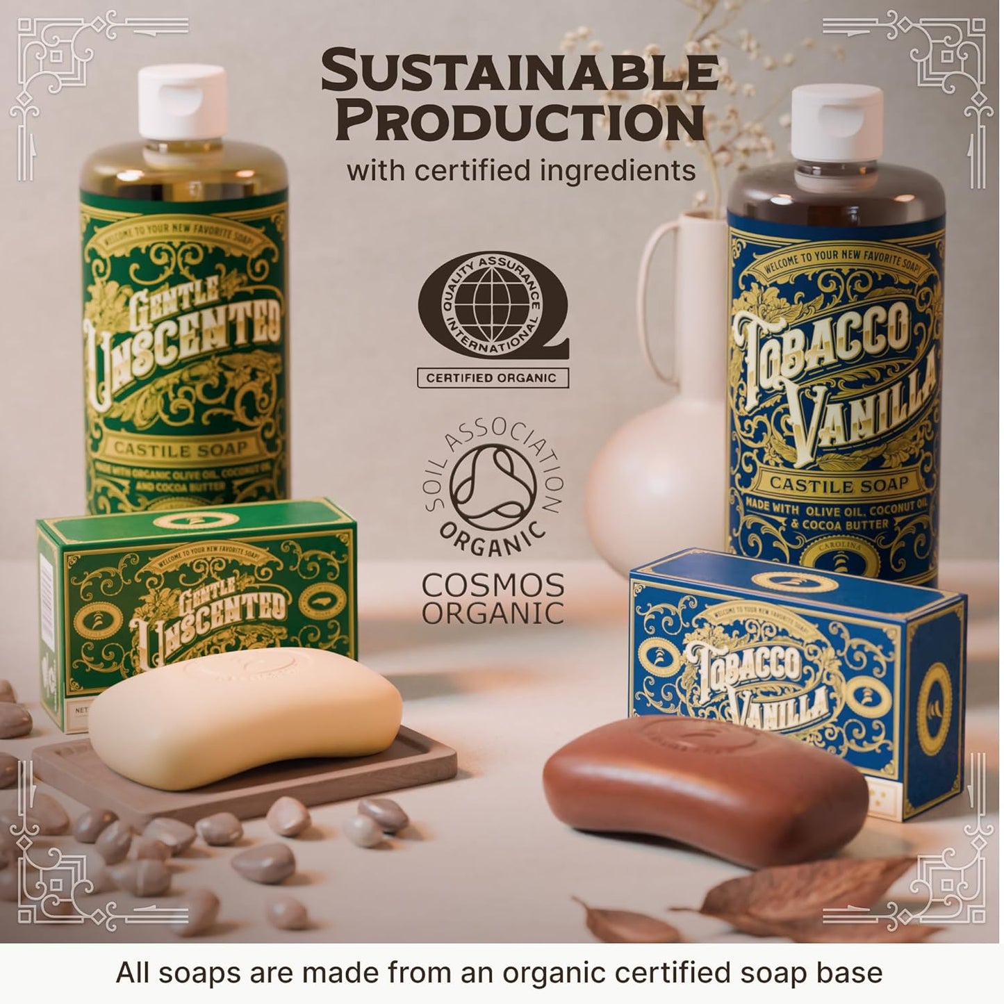 Carolina Castile Body Wash Bar Soap - Natural Vegan Formula for Sensitive Skin | Tobacco Vanilla, 5 oz