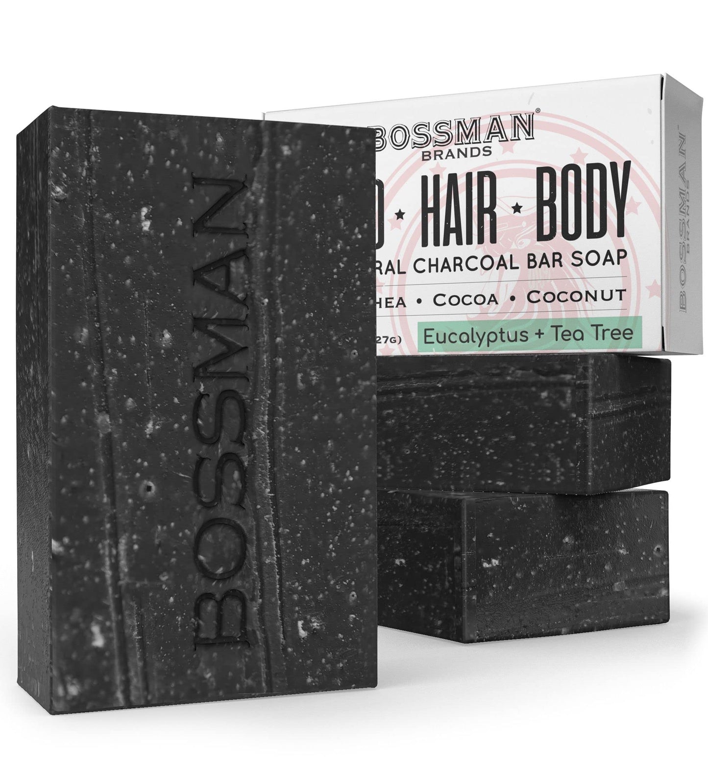 Bossman 3 Pack Mens Bar Soap 4-in-1 All Natural Organic Beard Wash, Shampoo, Body Wash, Shaving and Bath Soap - Essential Beard Care (4oz), Scent- Eucalyptus and Tea Tree