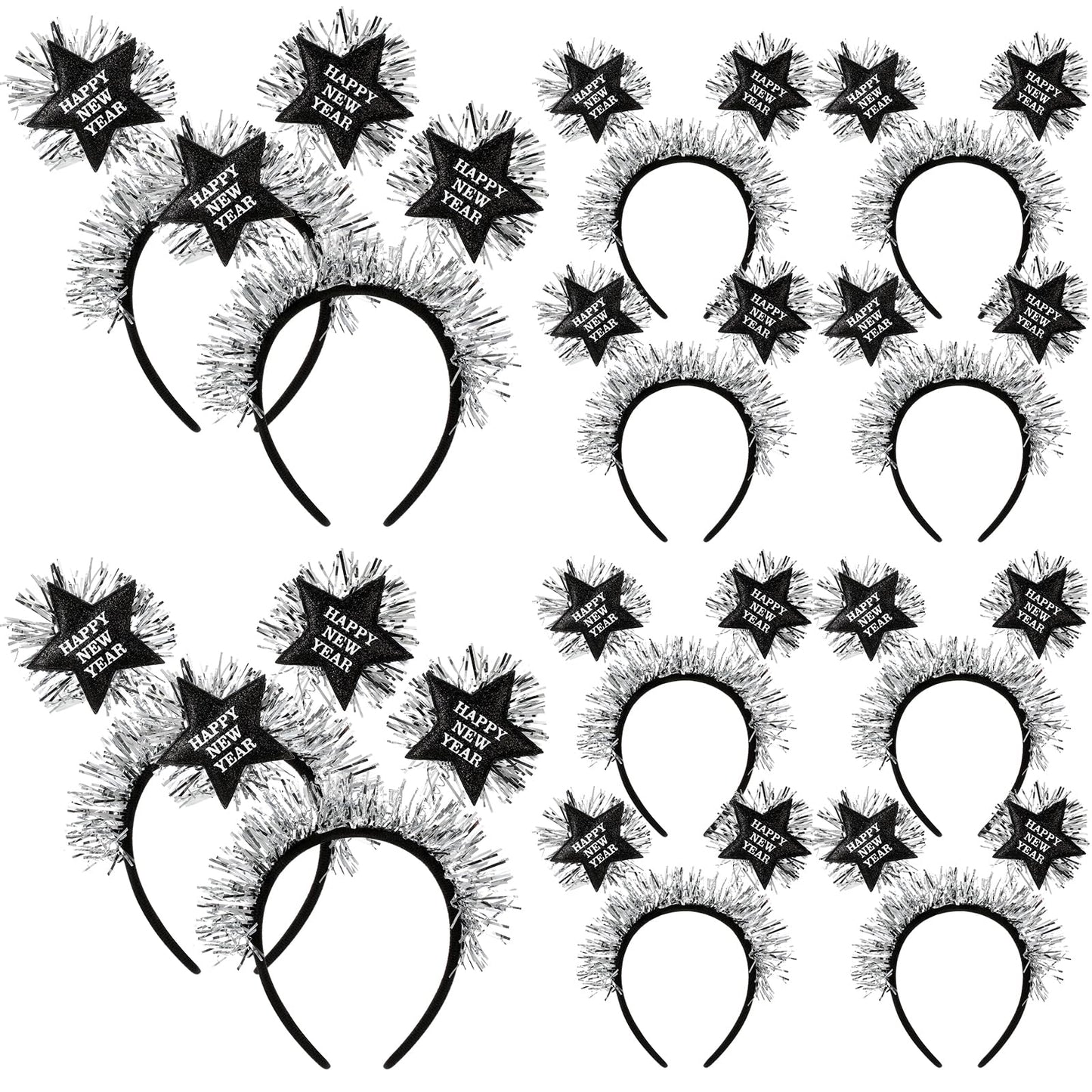 Yuxung 12 Pcs Happy New Year Headband with Star Flashing Headband 2024 New Year Eve Hair Hoop Headdress Hair Accessories Silver Wire Adult Kids Holiday Party Supplies Favors